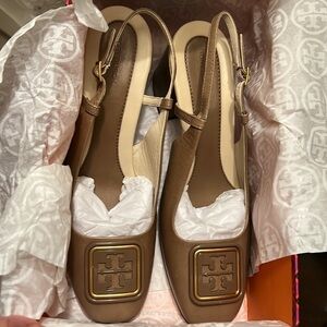 NIB Tory Burch Georgia Bombé Slingback Pump Almond Flour leather 2 1/2"heel 10.5